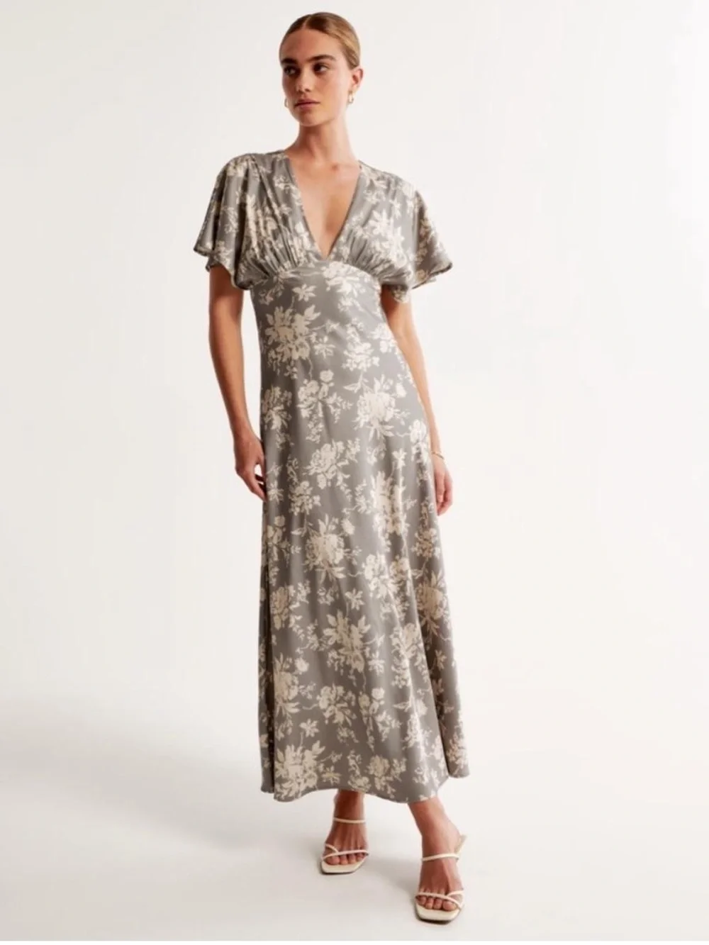 Abercrombie & Fitch Gray Satin Maxi Dress with Cream Floral Print